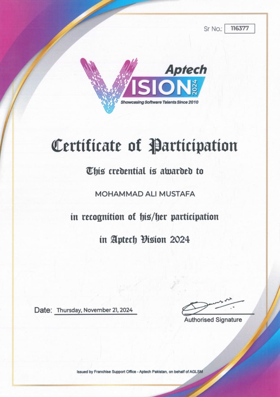 Aptech Vision 2024 – Software Talent Showcase - Web Development Project by Mohammad Ali